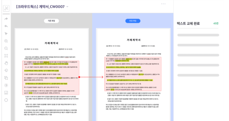 크라우드웍스의 AI 계약서 검토 솔루션 인터페이스. 기존 계약서와 변경 계약서를 나란히 비교하며, 수정된 문구와 하이라이트된 차이점을 자동 표시해주는 모습