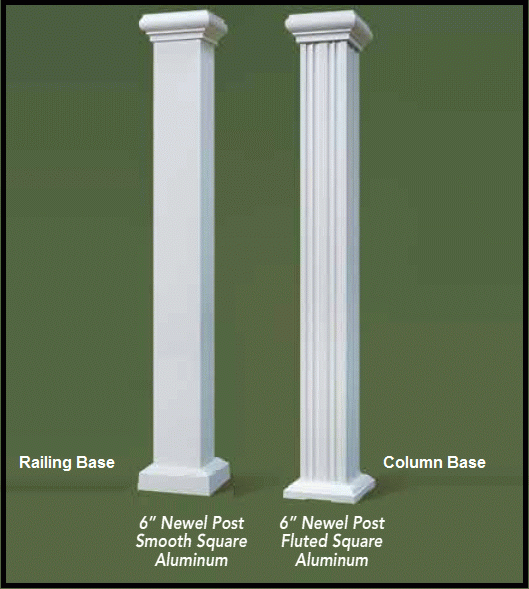 Afco 6 inch Aluminum Newel Posts, Smooth or Fluted, with COLUMN Base Trim