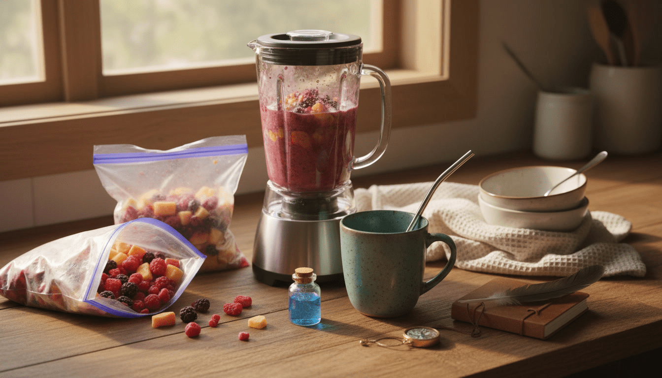 A cozy, slightly messy kitchen counter with a blender full of a colorful smoothie, frozen fruit bags nearby, and warm morning light creating a soft, sensory‑friendly atmosphere.
