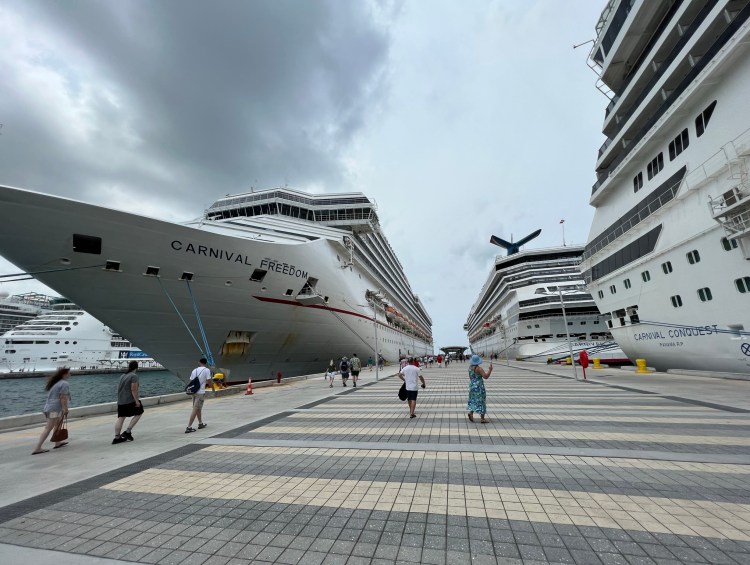 Cruise Ship Shorts - Three Carnival Ships Freedom, Conquest & Sunrise Docked together in Nassau Port