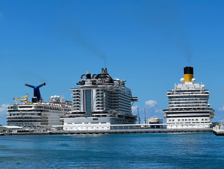 Cruise Ships - MSC Seaside, Carnival Elation and Carnival Venezia Docked in Nassau Bahamas