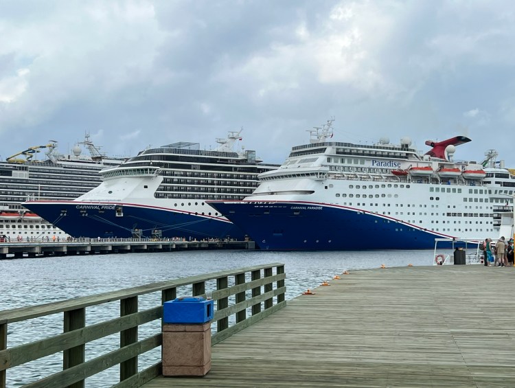 Cruise Ports - Cruise Ships Carnival Pride, Dream and Paradise Docked in the Port of Cozumel, Mexico