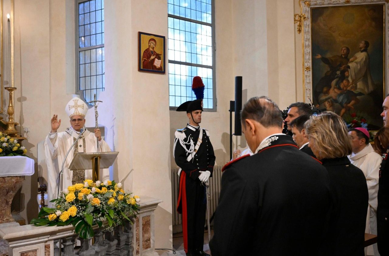 Pope Leo XIV celebrates Mass in the chapel of the Carabinieri's headquarters in Castel Gandolfo on July 15, 2025. (Credit: Vatican Media.)