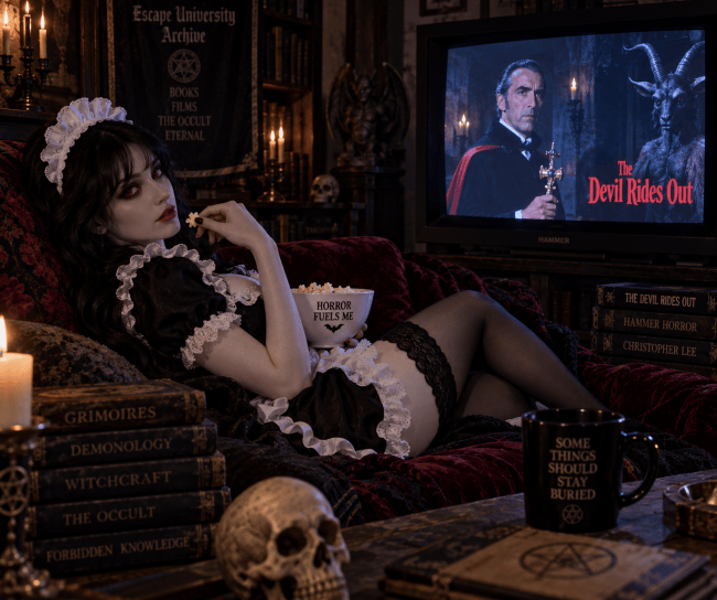 A woman dressed in a dark maid outfit sits on a red velvet couch, holding popcorn in one hand. She appears to be watching a horror movie, 'The Devil Rides Out,' on a vintage television, with decorative items like candles and books on the table beside her.