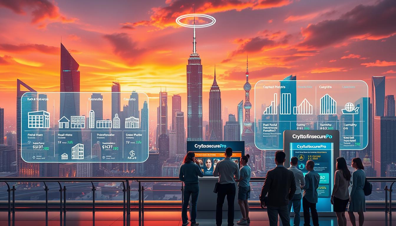 A futuristic cityscape with towering skyscrapers and a vibrant, neon-lit skyline. In the foreground, a series of holographic displays showcase tokenized real-world assets (RWAs), including real estate, infrastructure, and commodities, all represented by stylized, geometric shapes. The displays are interactive, allowing users to access detailed information and transaction histories. In the middle ground, a group of people, diverse in age and background, are gathered around a Crypto.finsecurepro kiosk, exploring the possibilities of investing in tokenized RWAs. The scene is bathed in a warm, futuristic glow, conveying a sense of innovation, accessibility, and the integration of traditional assets with cutting-edge blockchain technology.