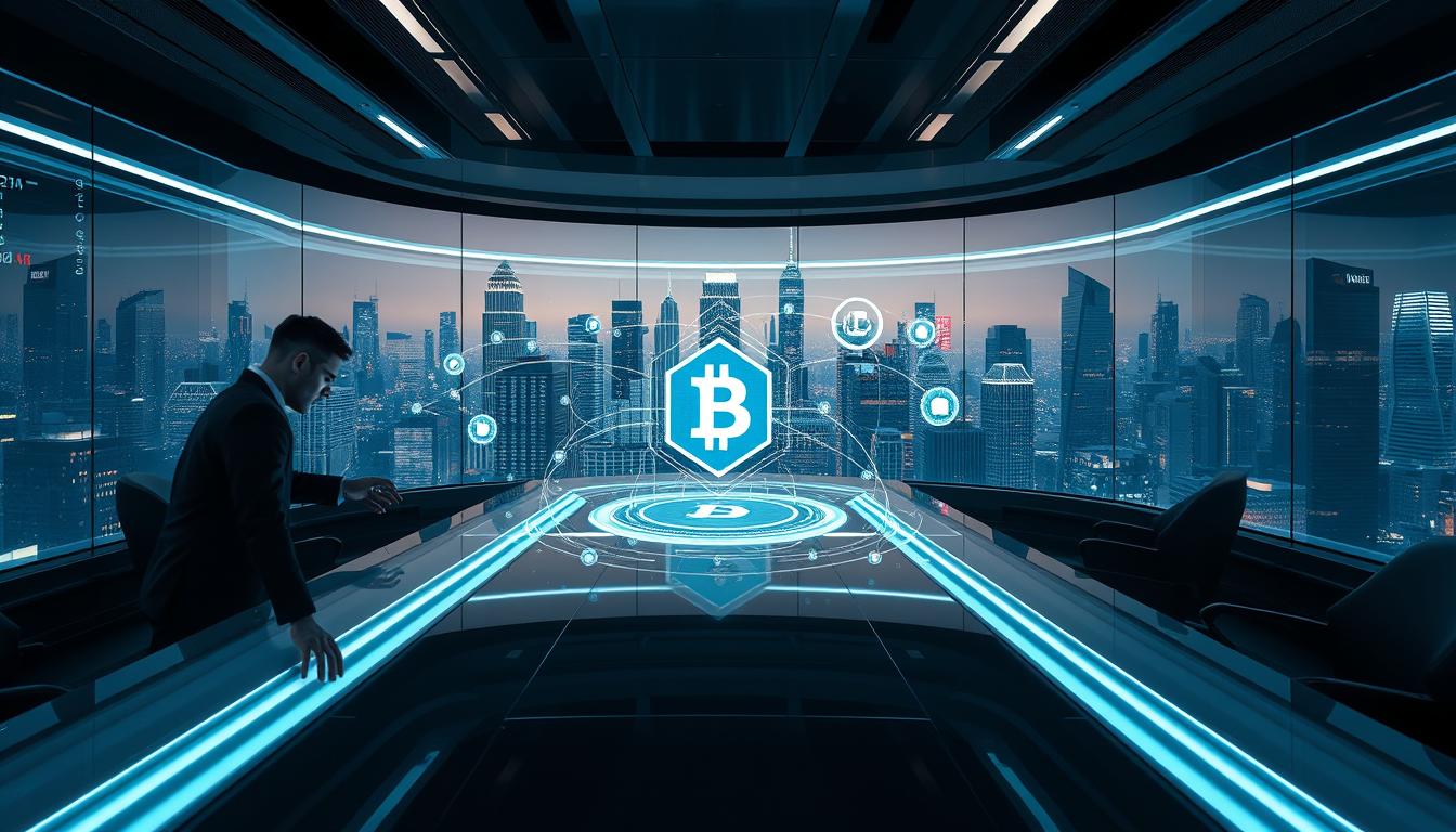 A sleek, futuristic trading terminal with holographic displays and advanced AI analytics. In the foreground, a trader interacts with the intuitive interface, their movements reflected in the smooth glass surfaces. The middle ground features a stylized representation of blockchain technology, with digital tokens and transaction flows swirling around the central display. The background showcases a cityscape of towering skyscrapers, neon-lit and alive with the pulse of a thriving financial hub. Crisp, high-contrast lighting casts dramatic shadows, conveying a sense of power and precision. The overall mood is one of sophisticated, cutting-edge technology seamlessly integrated with the world of decentralized finance.