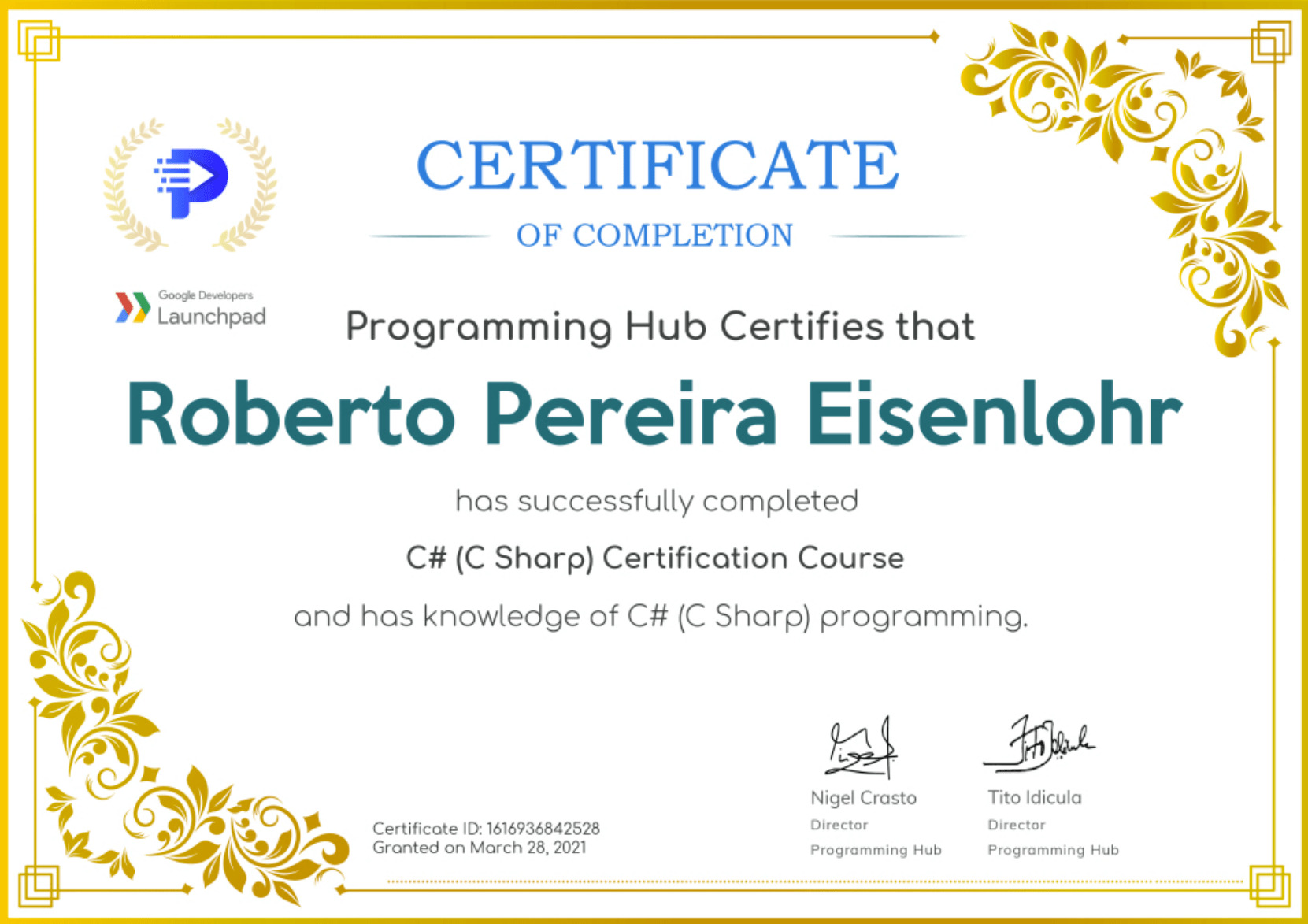 Certificate Google Developers C# Programming
