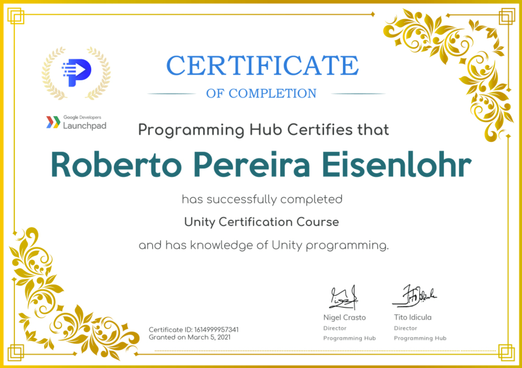 Certificate - Google Developers - Unity Engine