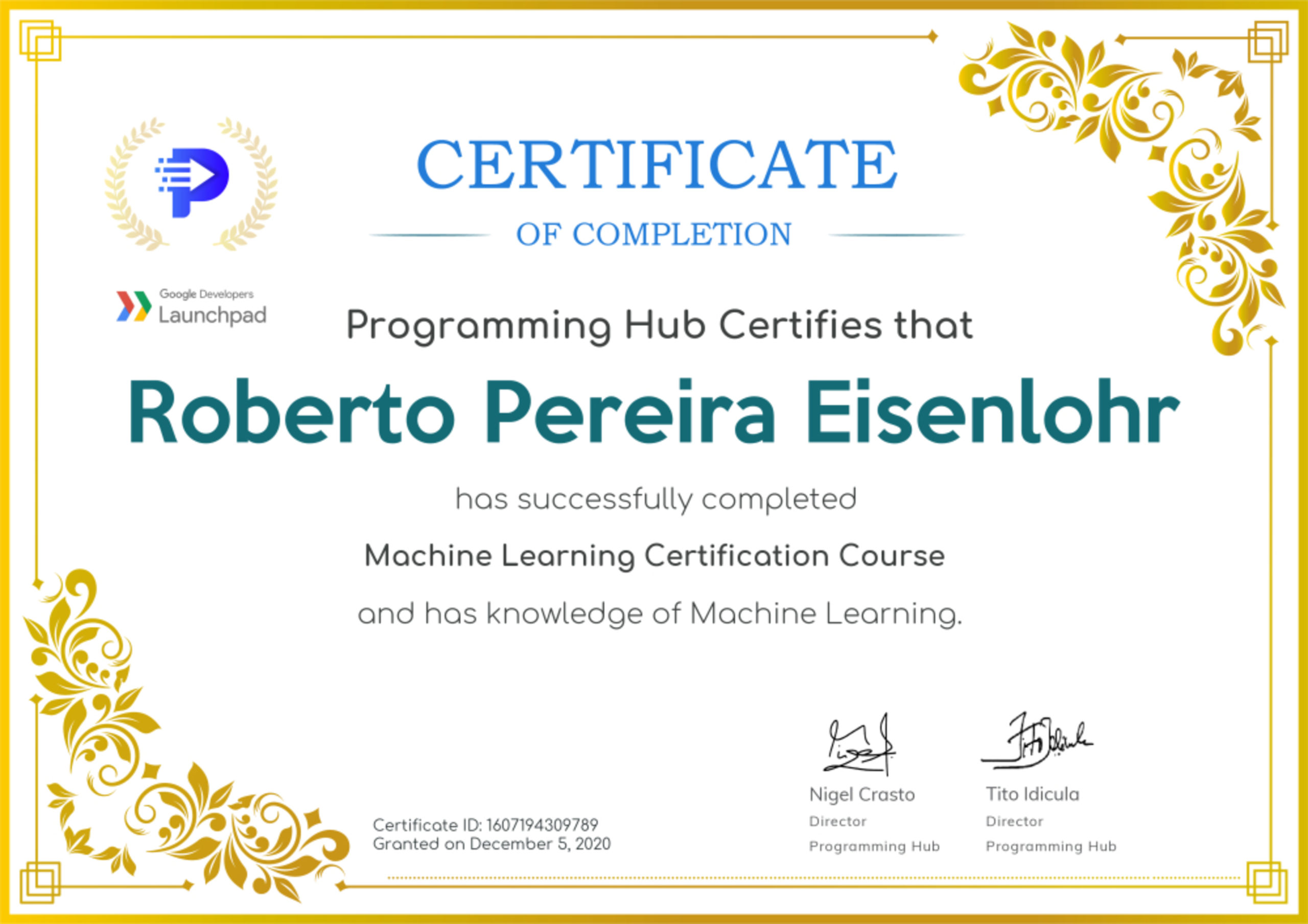 Certificate Machine Learning