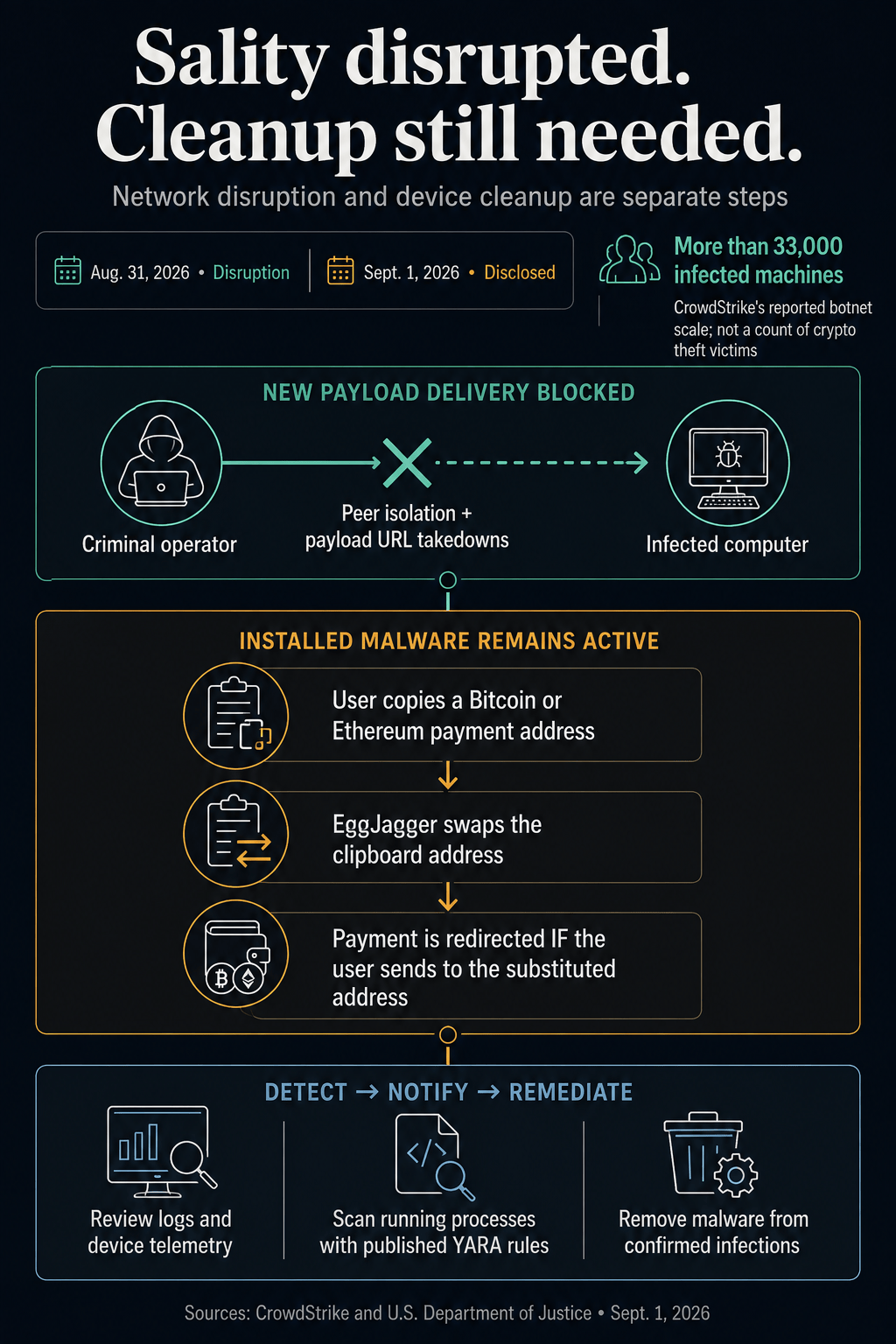 Sality disruption on Aug. 31, 2026 blocked new payload delivery, while installed EggJagger can swap copied payment addresses. The flow shows payment redirection if the user sends to the substituted address, followed by detection and malware removal.
