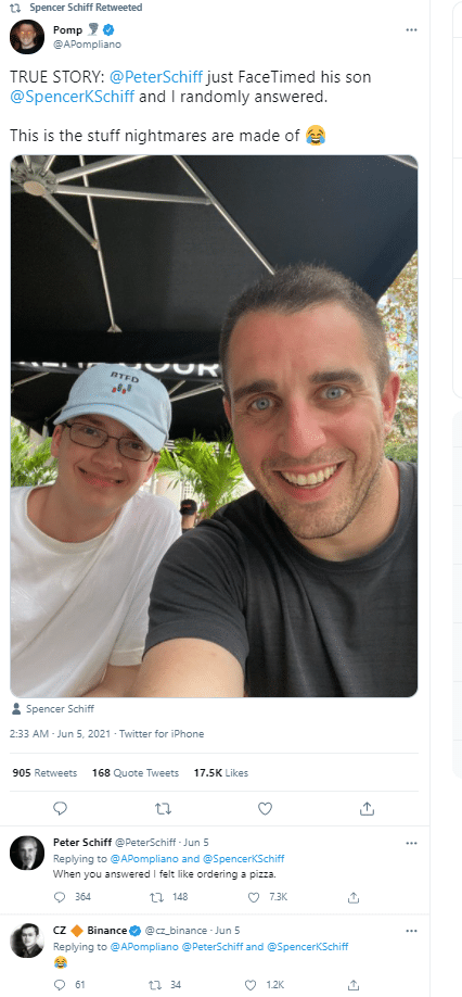 bitcoin hater peter schiffs nightmare becomes reality facetimes his son anthony pompliano answers cryptogazette - cryptocurrency news on peter schiff son twitter