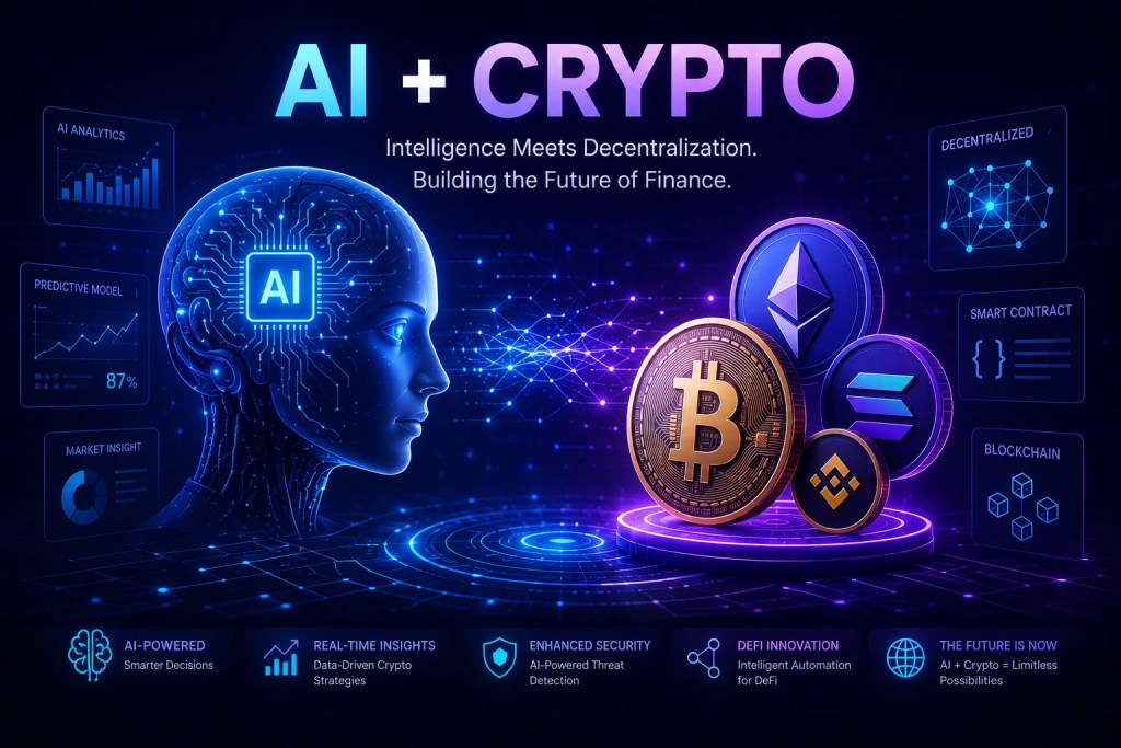 A futuristic illustration of AI circuits merging with blockchain network nodes, representing the convergence of artificial intelligence and cryptocurrency in 2026.