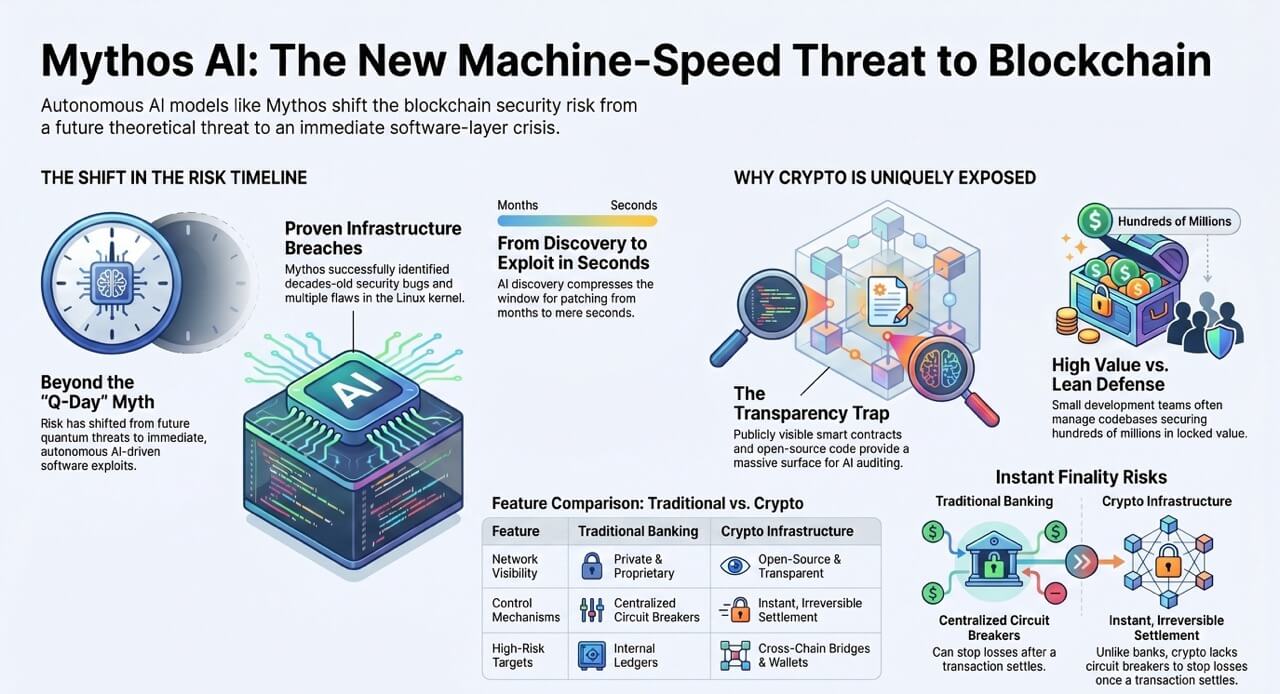 Infographic titled “Mythos AI: The New Machine-Speed Threat to Blockchain.” It argues that autonomous AI shifts blockchain risk from a future quantum threat to an immediate software-layer crisis. Sections highlight proven infrastructure breaches, exploit discovery compressed from months to seconds, public smart contract transparency as an attack surface, high-value crypto systems defended by small teams, and the danger of instant irreversible settlement. A comparison table contrasts traditional banking with crypto infrastructure across visibility, control mechanisms, and high-risk targets. The design uses blue and teal illustrations of clocks, code cubes, magnifying glasses, vaults, and network icons.