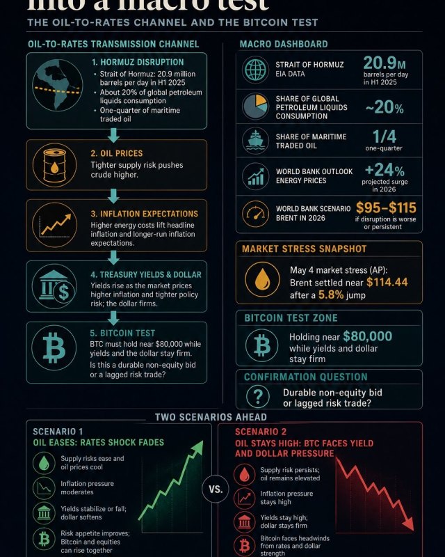 Infographic showing how Strait of Hormuz disruption can move oil prices, inflation expectations, Treasury yields, the dollar, and Bitcoin's $80,000 test.