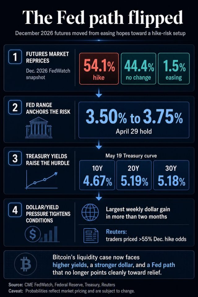 Infographic showing CLARITY's May 14 vote, Bitcoin above $81,000, May 18 ETF outflows, and BTC near $76,963 on May 19.