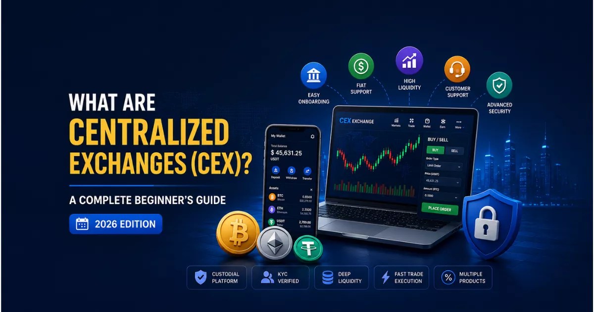 What are Centralized Exchanges (CEX)? Illustration showing a cryptocurrency trading platform with Bitcoin, Ethereum, Tether, trading interface, security shield, and digital asset exchange ecosystem.