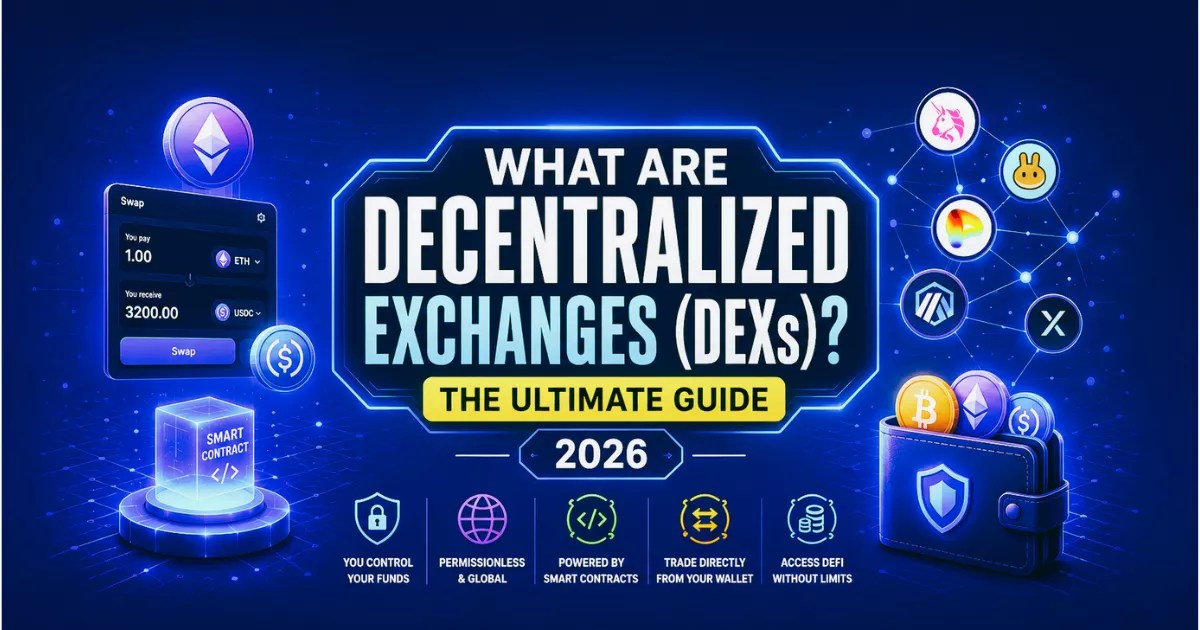 Illustration explaining what decentralized exchanges (DEXs) are, showing wallet-based crypto trading, smart contracts, liquidity pools, and self-custody in decentralized finance (DeFi).