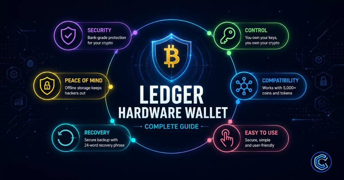 Ledger hardware wallet security infographic featuring a Bitcoin shield, crypto protection icons, and key self-custody features in a futuristic blockchain design.