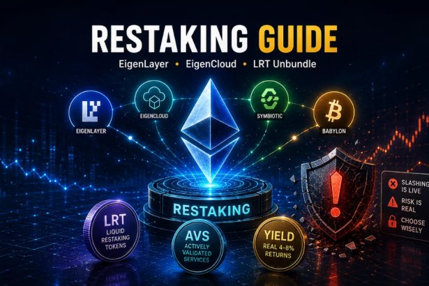 Illustration of Ethereum restaking in 2026, featuring EigenLayer, EigenCloud, Symbiotic, Babylon, liquid restaking tokens, AVS infrastructure, 4-8% yields, and live slashing risks.