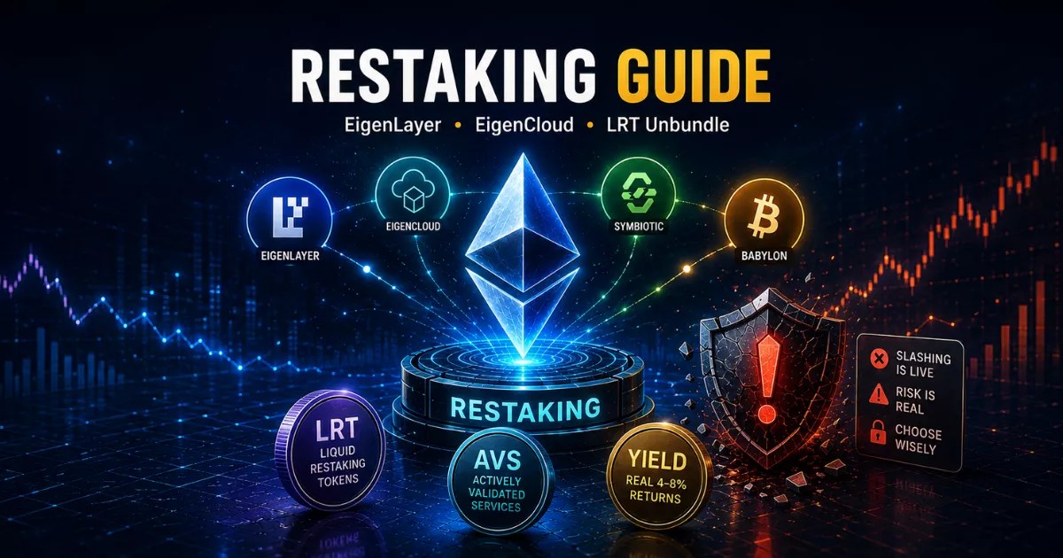 Illustration of Ethereum restaking in 2026, featuring EigenLayer, EigenCloud, Symbiotic, Babylon, liquid restaking tokens, AVS infrastructure, 4-8% yields, and live slashing risks.