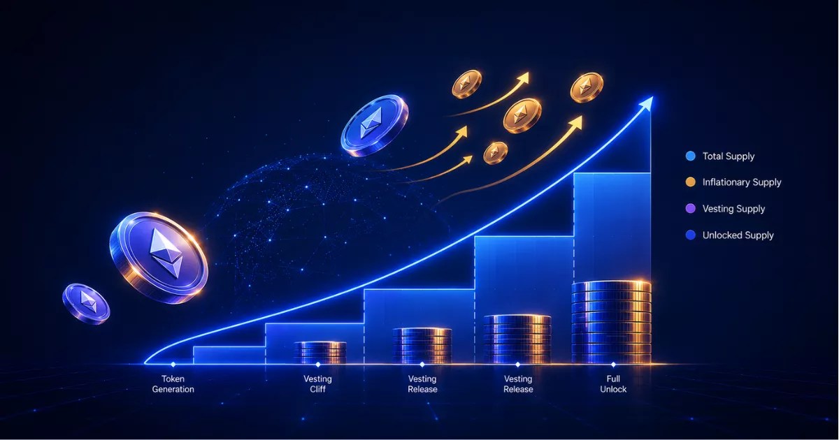 Tokenomics analysis framework illustration showing token supply curve, vesting cliffs, unlock stages, and inflation model
