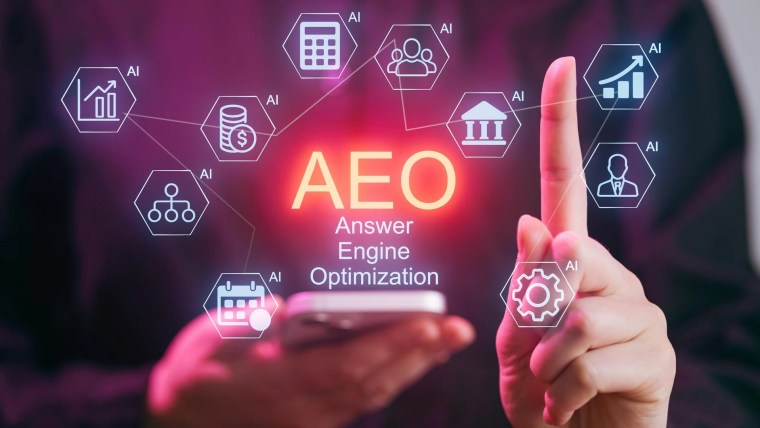 AEO answer engine optimization icons around a smartphone
