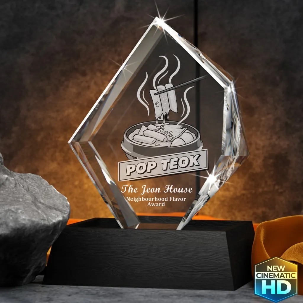 A crystal award plaque with a 3dcrystal engraving of a cup of instant noodles and the text “POP TEOK.” Below, it reads “The Jean House Neighbourhood Flavor Award.” The plaque is displayed on a black base.