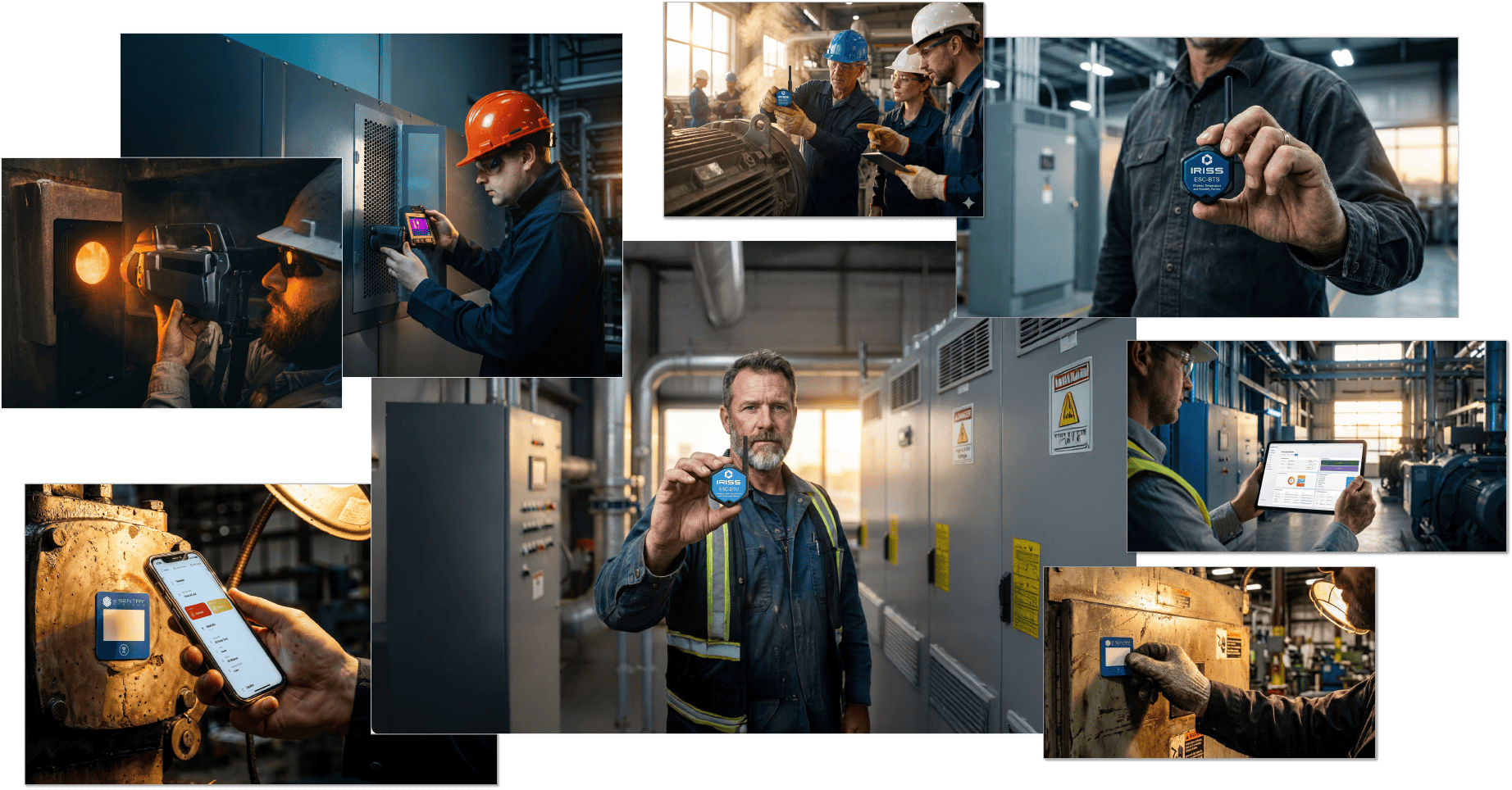 Collage of factory workers operating machinery, taking measurements with handheld devices, and inspecting control panels.