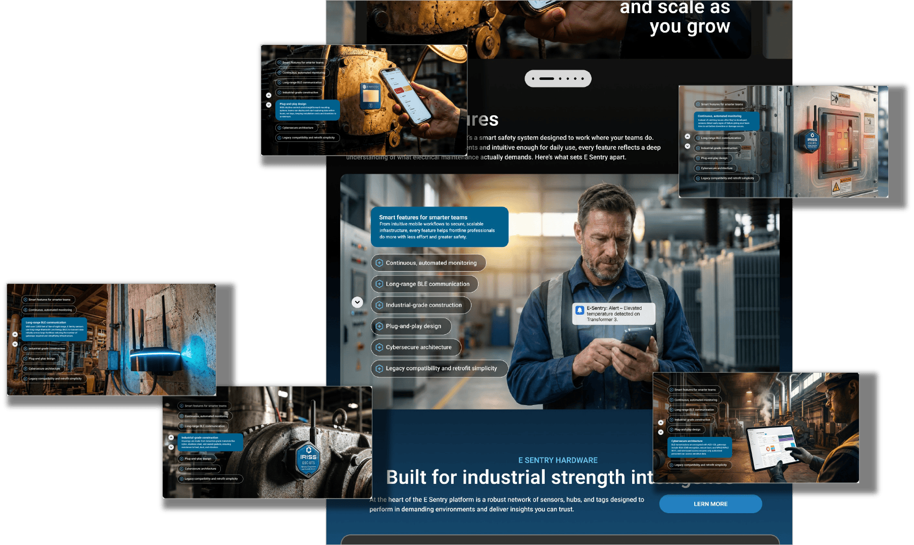 Collage of industrial equipment and a worker using a handheld device, illustrating a smart safety platform.