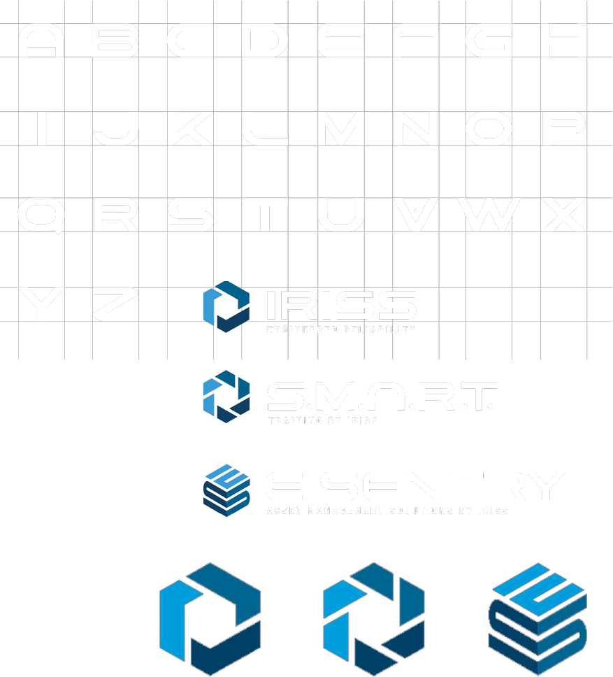 Alphabet A–Z laid out on a grid with IRISS branding: logos for IRISS, S.M.A.R.T., E SENTRY, plus three blue 3D hexagon icons representing solutions