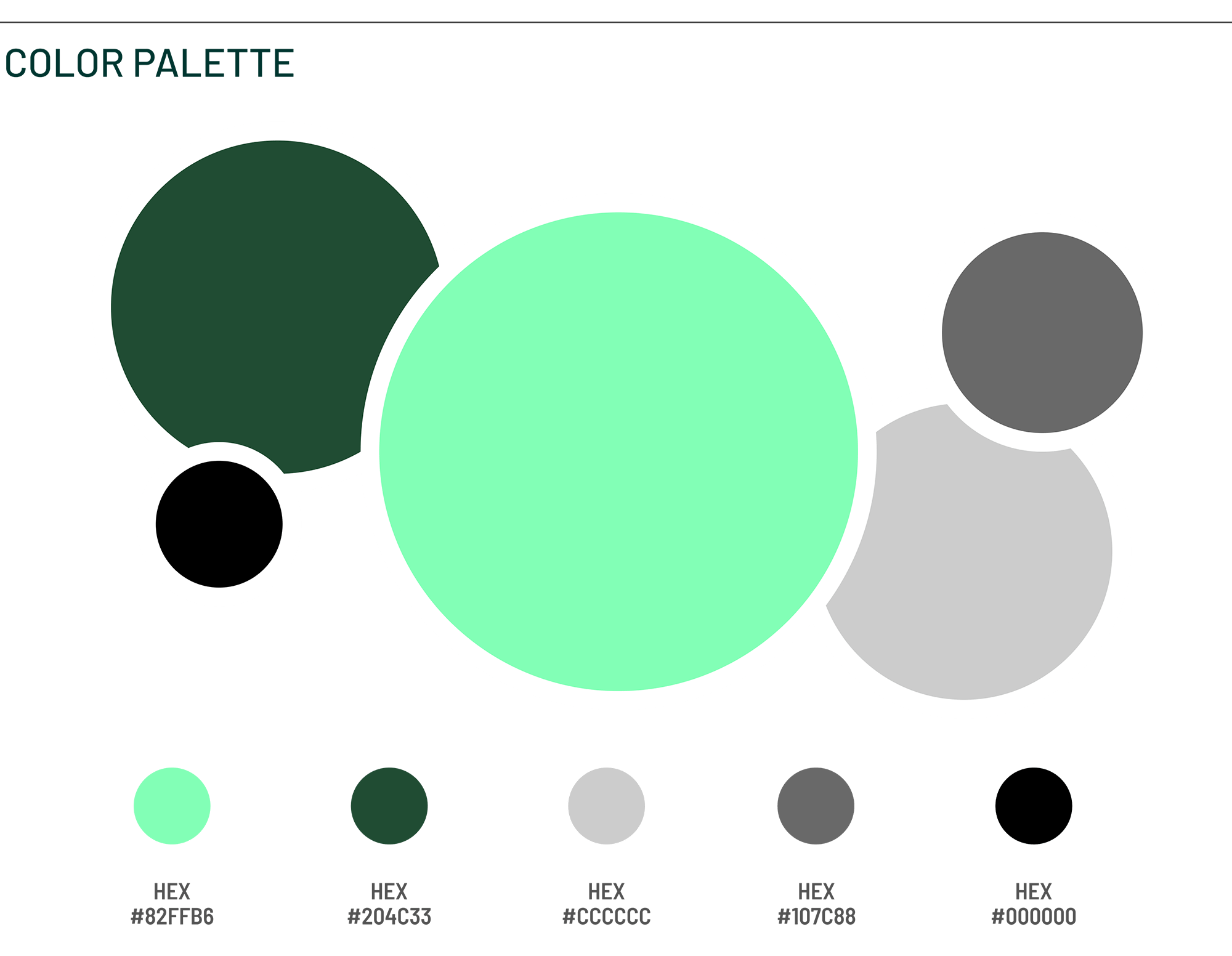 Abstract geometric composition with large white circular ring, overlapping mint and dark green circles, gray shapes, on a black background—purely decorative modern art.