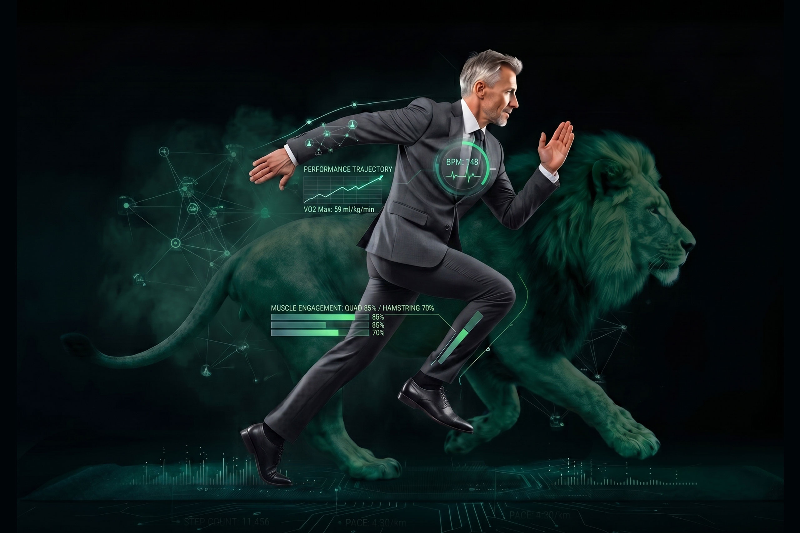 Businessman in a gray suit rides a green lion, surrounded by neon holographic data and charts around him.