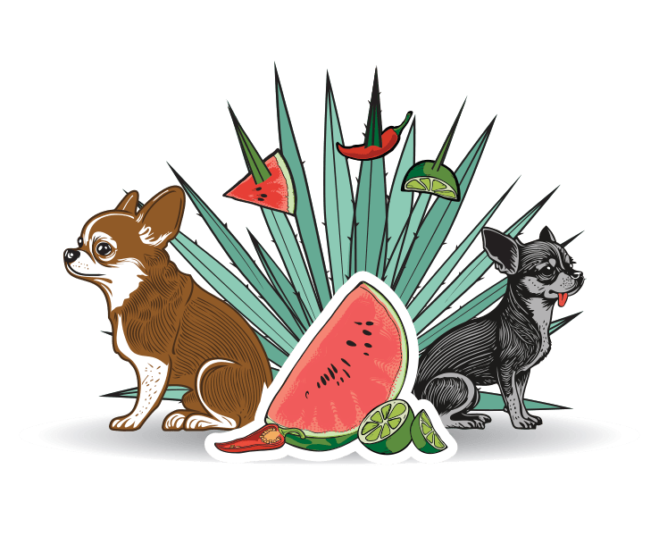 Two chihuahuas sit beside a large watermelon slice with lime wedges and a tropical fan backdrop.