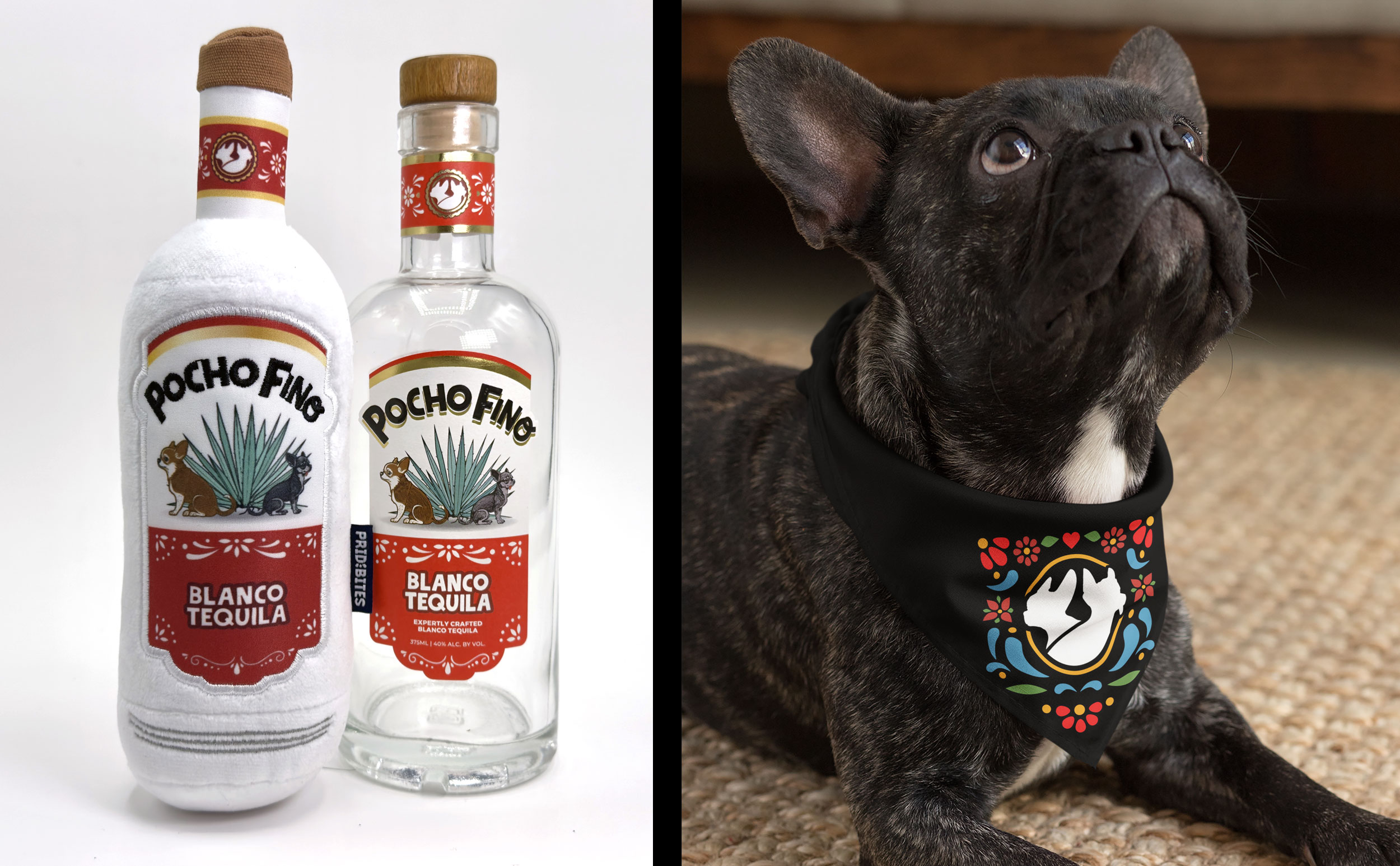 Left: two Pocho Fino Blanco Tequila bottles, one wrapped in white fabric, against a white background. Right: a brindled dog wearing a black bandana with colorful floral designs, looking upward.