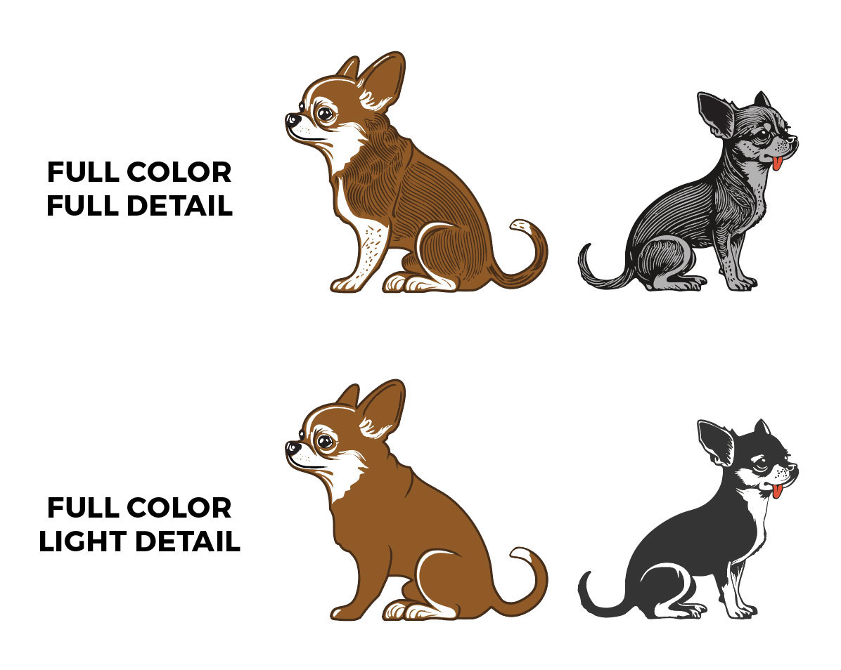 Two panels comparing Chihuahua illustrations: top row full color full detail (brown and black dogs), bottom row full color light detail (lighter version).
