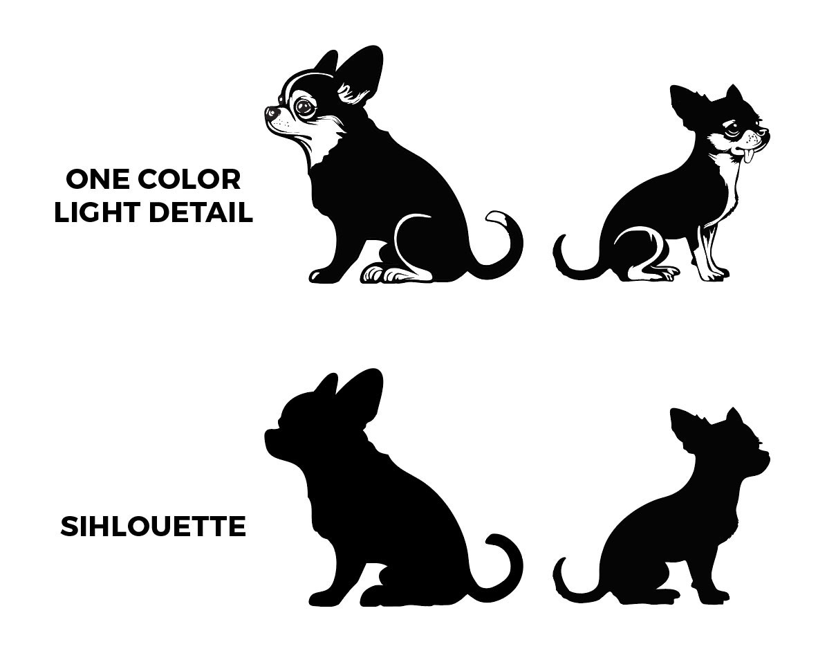 Comparison of dog illustrations: top row shows a light-detail one-color style left and a smaller similar dog on the right; bottom row shows solid silhouette dogs labeled SILHOUETTE.