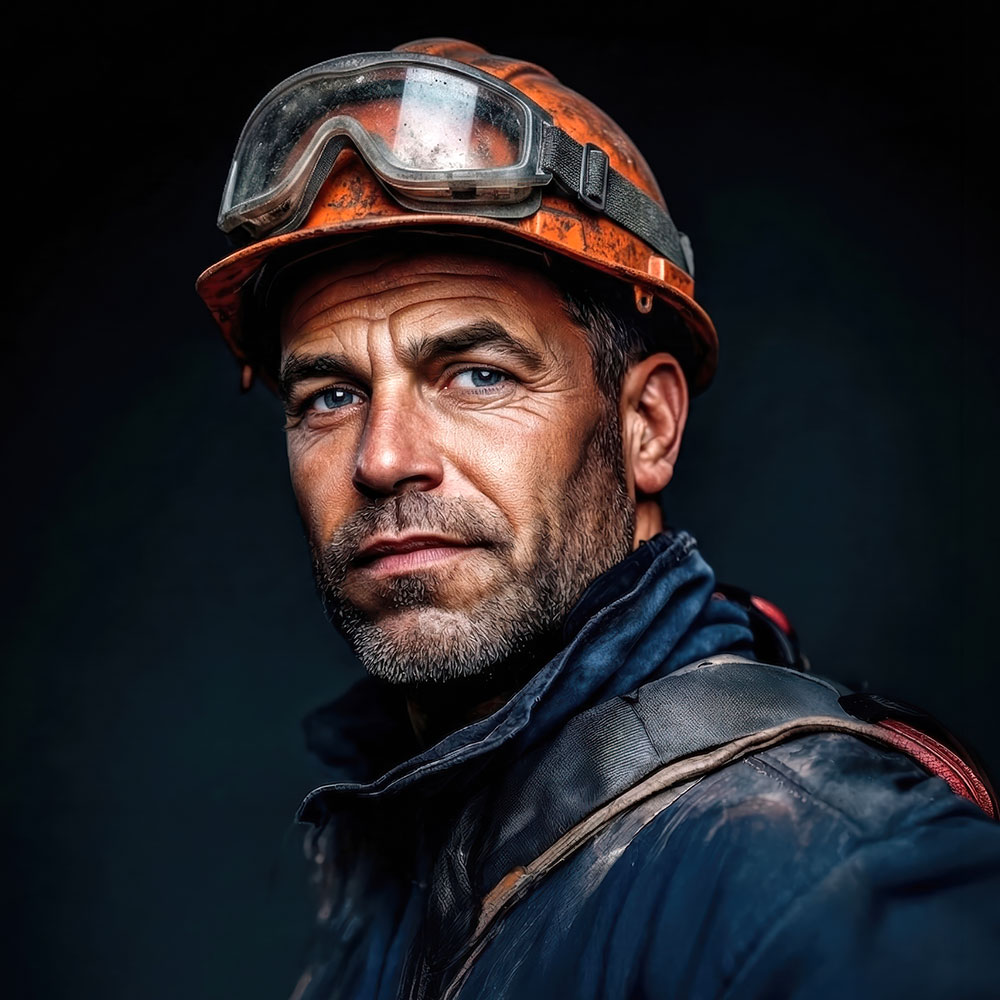 Close-up portrait of a miner wearing an orange hard hat with goggles, looking at the camera.