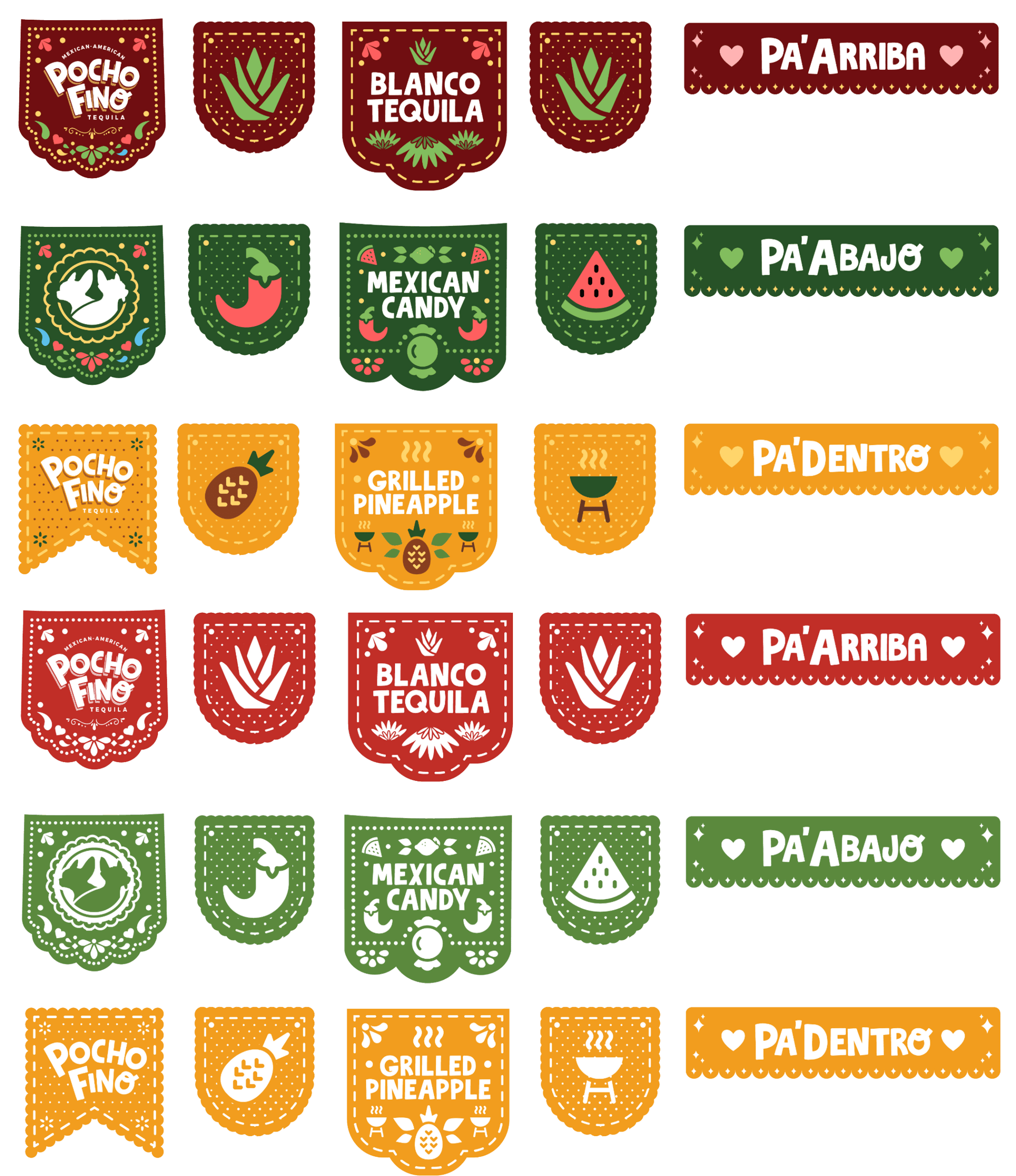 Row of festive papel picado banners in red, green, and orange with tequila branding and decorative patterns.