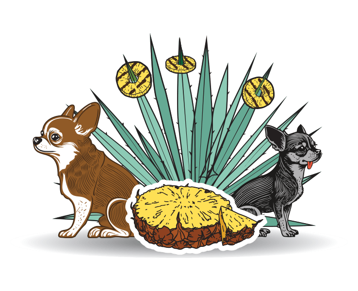 Two small dogs sit in front of a large tropical plant, with sliced pineapples in the foreground—the scene has a playful, tropical vibe.