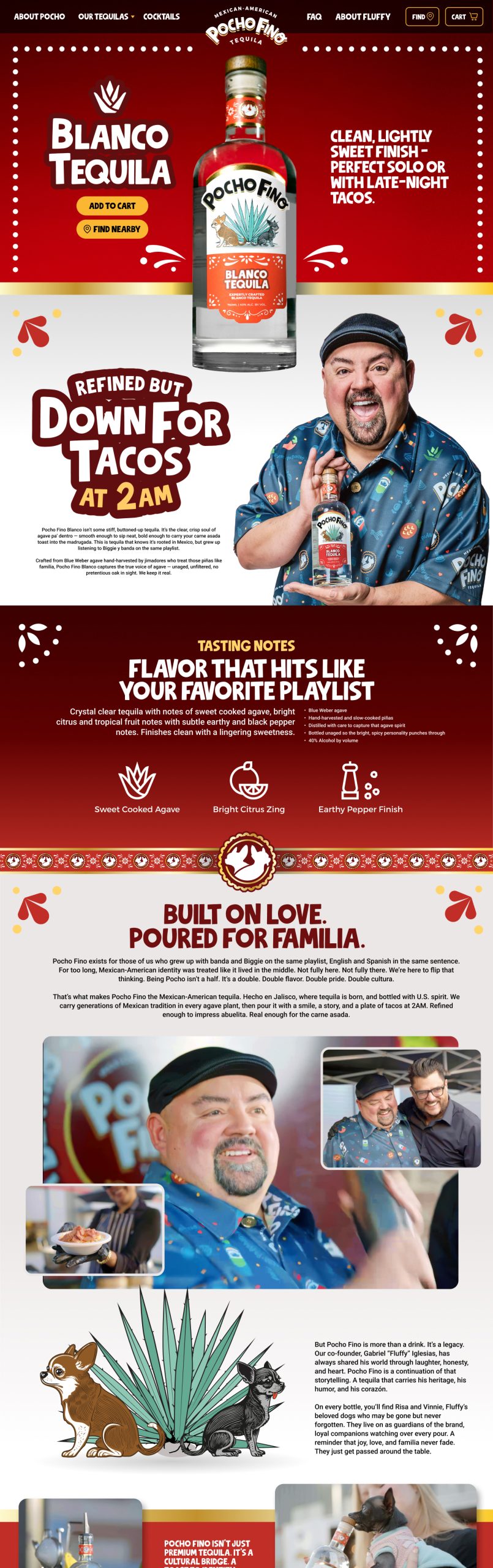 Advertisement banner featuring Pocho Fino Blanco Tequila bottle in the center, bold 'Blanco Tequila' text to the left, a smiling man holding a bottle on the right, and phrases like 'Down for Tacos at 2AM' and 'Tasting Notes' across a red backdrop.