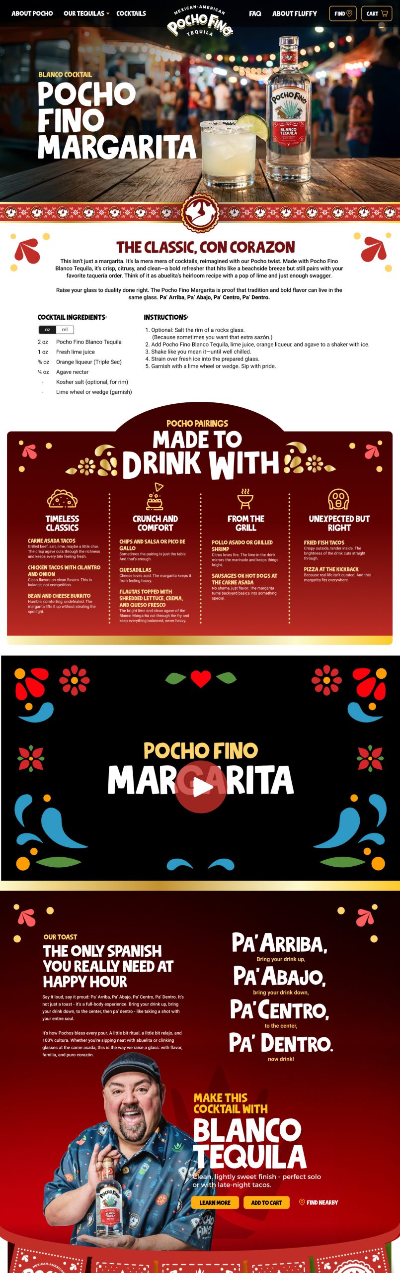 Hero image for Pocho Fino Margarita: tequila bottle and margarita glass on a wooden table with a colorful market backdrop and bold logo text.