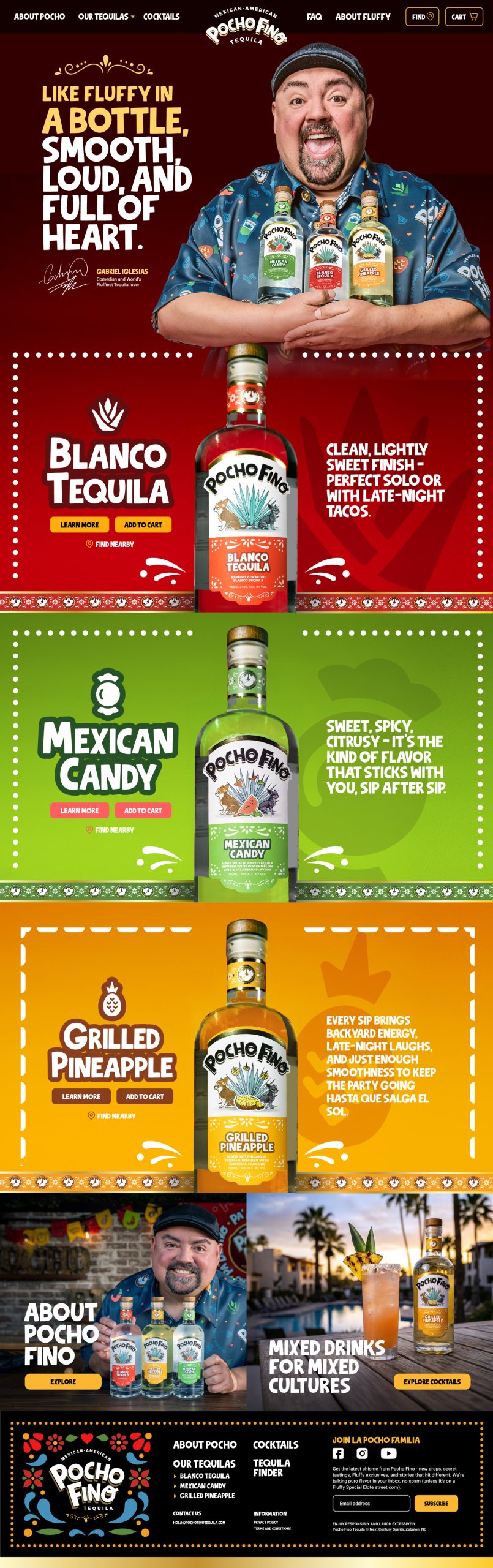 Promotional banner for Pocho Fino Tequila with Gabriel Iglesias holding four bottles above three flavor panels: Blanco Tequila, Mexican Candy, Grilled Pineapple.