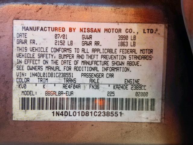 Auto Parts Accessories 01 2001 Nissan Altima Owners Manual