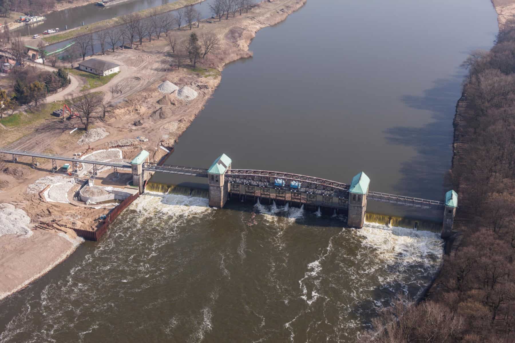 aerial view of the diversion dam on Odra river Civil + Structural