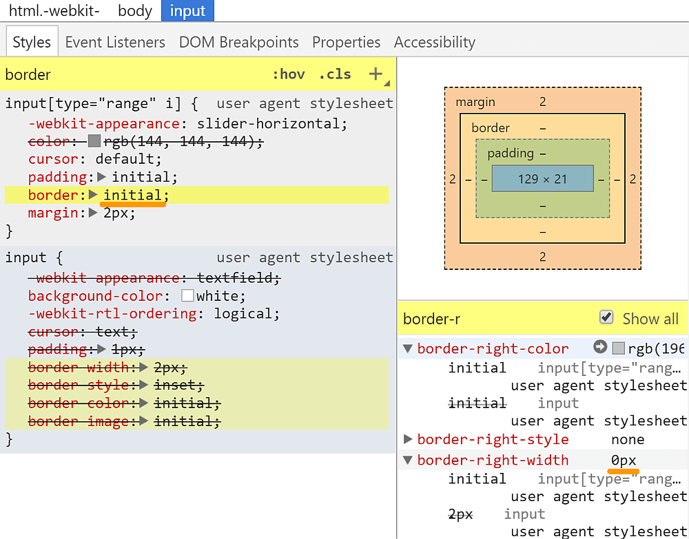 Screenshot of Chrome DevTools showing how the border for inputs is set.