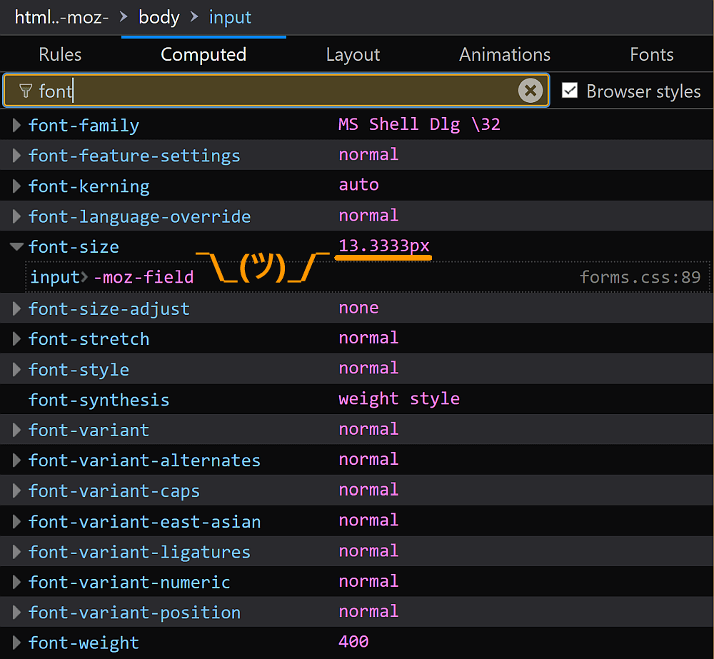 Screenshot of Firefox DevTools showing how the font-size for inputs is set.