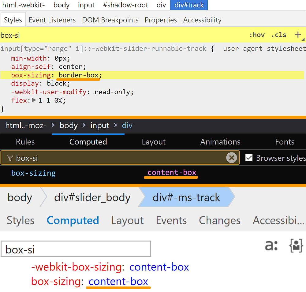 Comparative screenshots of DevTools in the three browsers showing the computed values of box-sizing for the track.