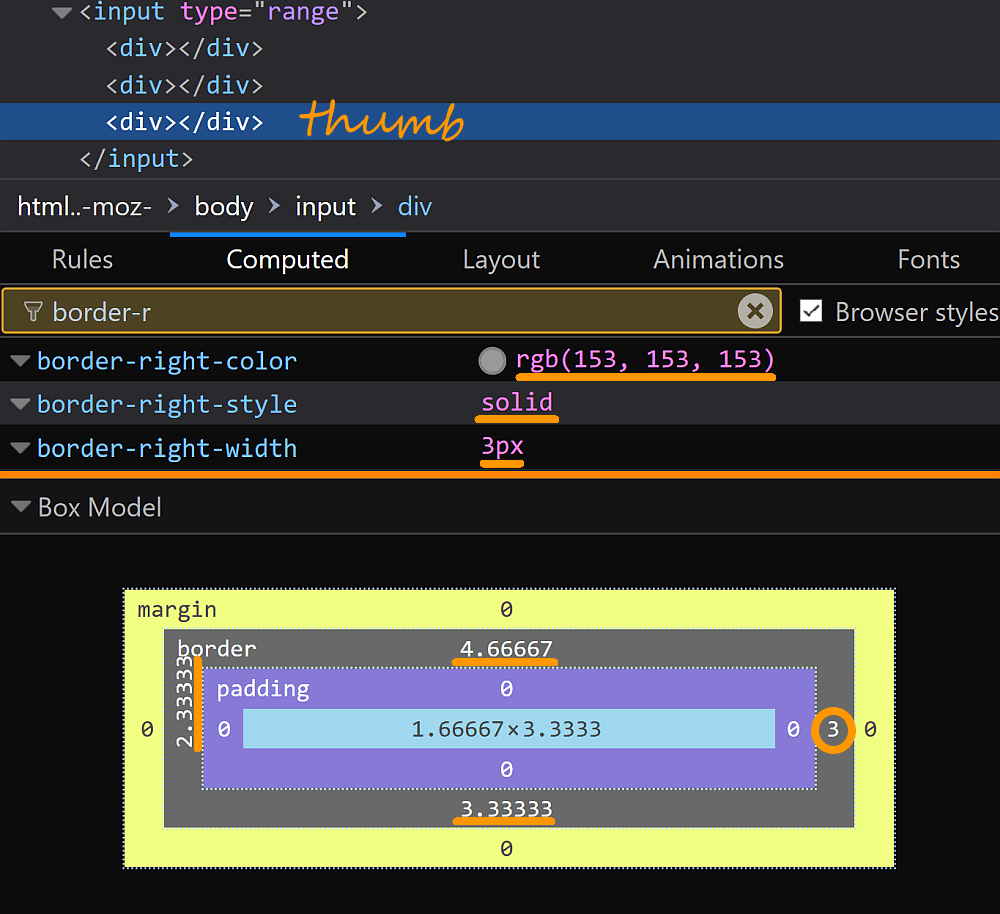 Screenshot. Shows Firefox DevTools displaying the computed values for the slider thumb border.