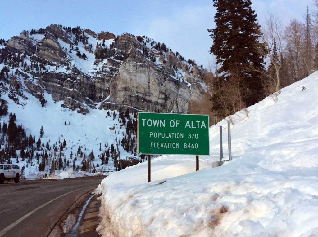 Image of a sign for the Town of Alta, population 370, elevation 8,460