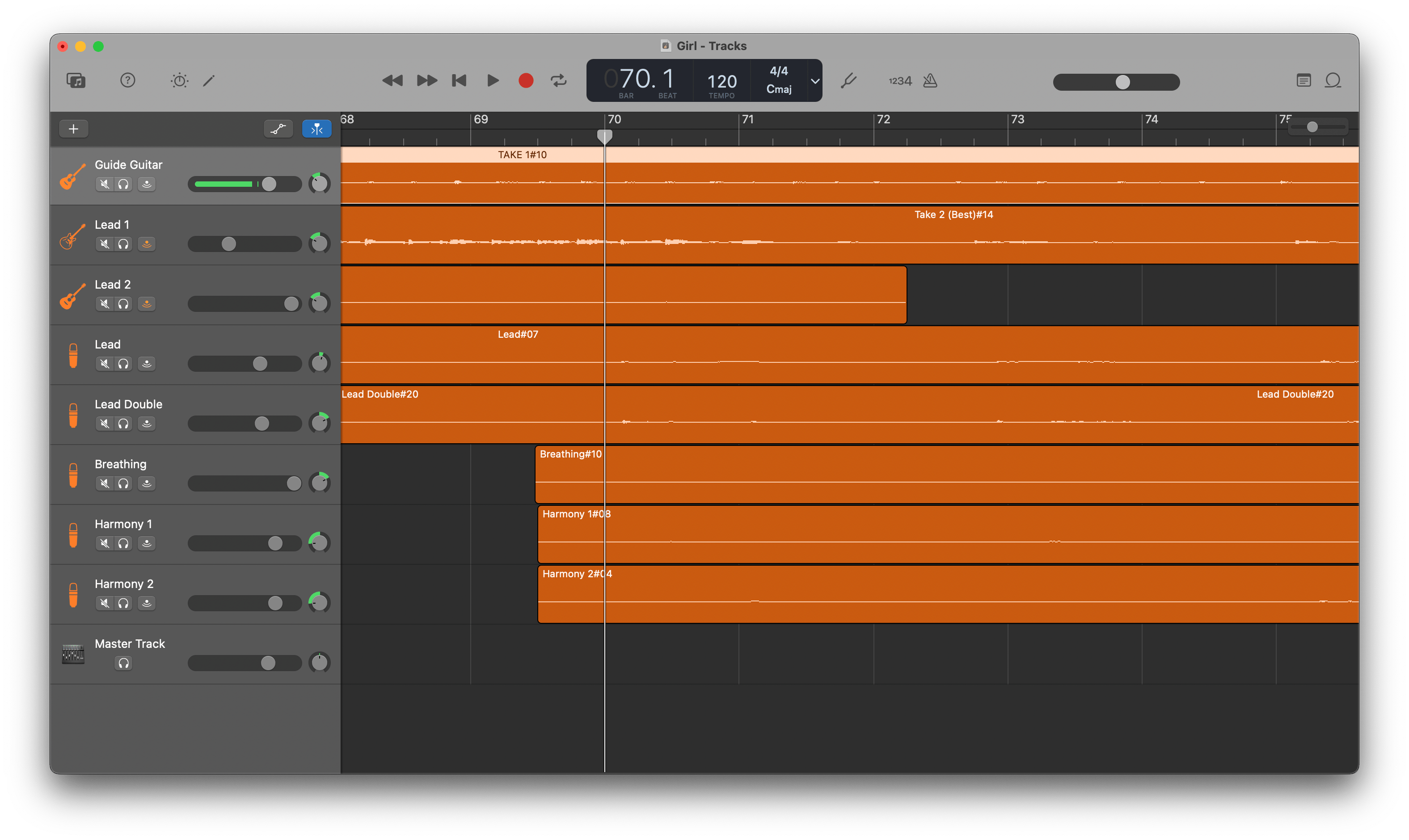 Screenshot of the GarageBand recording app showing seven recorded tracks positioned along a progressive timeline based on beats per measure.